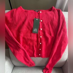 wild fable RED Ribbed Heart-Button Cropped Cardigan